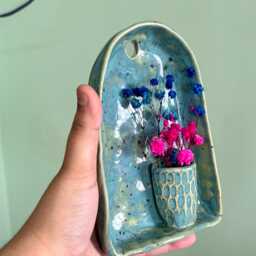 Turquoise Green Ceramic Wall Hanging With Budvase, Handcarved Altar 11x 15 cm, Sconce - thumbnail 3