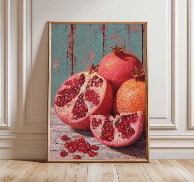 Pomegranate Still Life Painting, Vibrant Oil Style Wall Art, Rustic Kitchen Decor, Red Fruit Print, Vintage Fine Art Poster - image 1