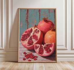 Pomegranate Still Life Painting, Vibrant Oil Style Wall Art, Rustic Kitchen Decor, Red Fruit Print, Vintage Fine Art Poster - thumbnail 1