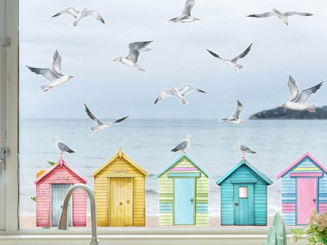 Beach Hut & Seagulls Window Stickers, Bird Decoration, Summer Sticker, Stickers - image 1