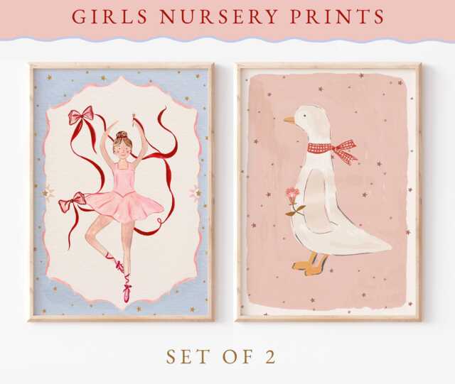 Ballerina & Goose Print, Set Of 2 - Girls Bedroom Artwork Vintage Nursery Children's Illustrations Painted Wall Art Unframed Print - image 1