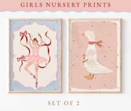 Ballerina & Goose Print, Set Of 2 - Girls Bedroom Artwork Vintage Nursery Children's Illustrations Painted Wall Art Unframed Print - thumbnail 1