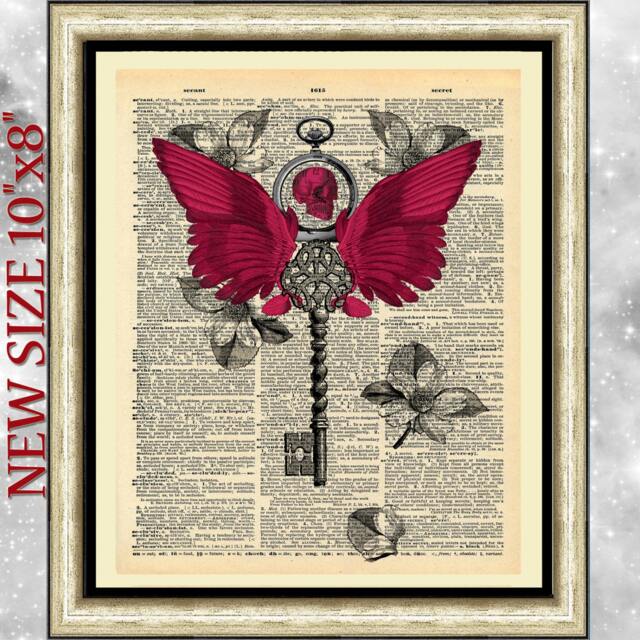 steampunk Skull Key Art Print Gothic Wings On Antique Book Page