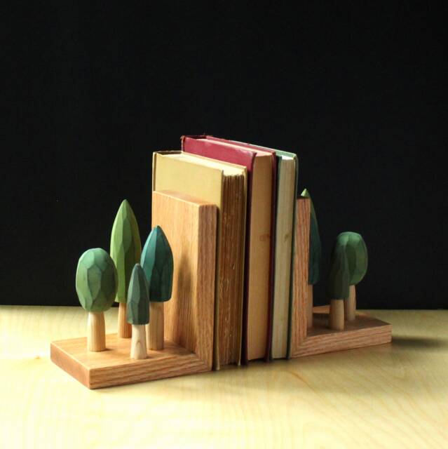 Mantel Book Ends, Hand Carved Tree Sculpture, Green Gift For Gardener/ Grandpa/ Grandma, Wood Bookends - image 1
