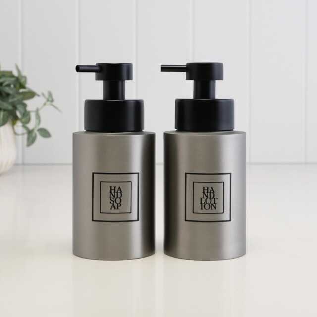 Brushed Stainless Soap Dispenser & Lotion Bottle Set With Black Square Labels - Eco Metal Pump Refillable Bottles Minimalist Bathroom - image 1
