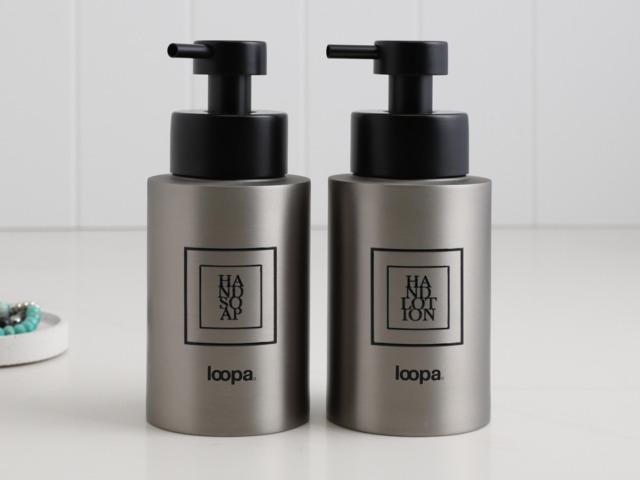 Brushed Stainless Soap Dispenser & Lotion Bottle Set With Black Square Labels - Eco Metal Pump Refillable Bottles Minimalist Bathroom - image 1