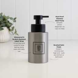 Brushed Stainless Soap Dispenser & Lotion Bottle Set With Black Square Labels - Eco Metal Pump Refillable Bottles Minimalist Bathroom - thumbnail 3