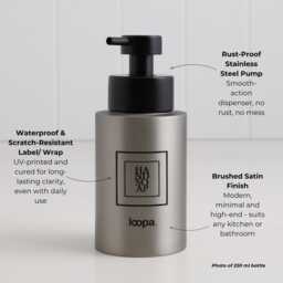 Brushed Stainless Soap Dispenser & Lotion Bottle Set With Black Square Labels - Eco Metal Pump Refillable Bottles Minimalist Bathroom - thumbnail 2