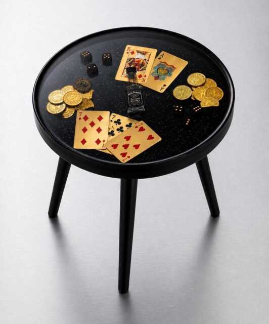 Casino Epoxy Resin Side Table - Handmade Poker Black & Gold Art Furniture Player Gift Man Cave Decor - image 1