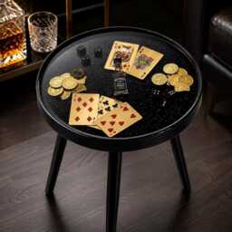 Casino Epoxy Resin Side Table - Handmade Poker Black & Gold Art Furniture Player Gift Man Cave Decor - thumbnail 2
