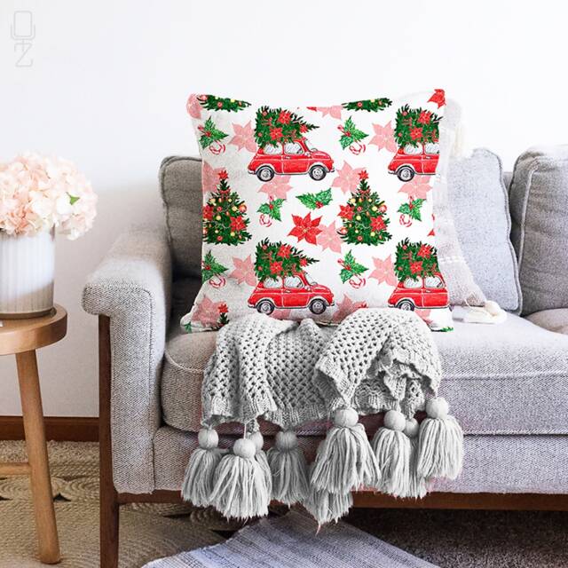 Christmas Cushion Cover Red Car & Pine Tree, Double Sided, Multi-Sizes - image 1