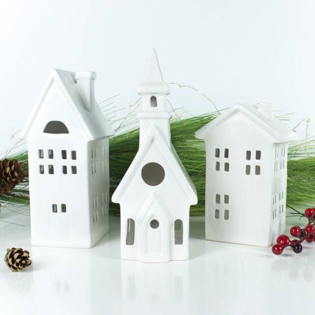 White House Luminary Set, Church Candle Holder, Ceramic Lantern, Cozy Mantle Decor - image 1