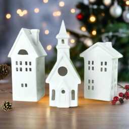 White House Luminary Set, Church Candle Holder, Ceramic Lantern, Cozy Mantle Decor - thumbnail 2