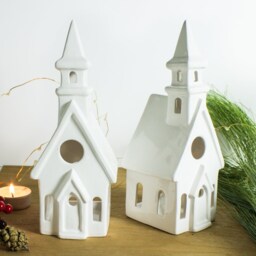 White House Luminary Set, Church Candle Holder, Ceramic Lantern, Cozy Mantle Decor - thumbnail 4