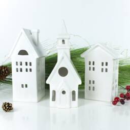 White House Luminary Set, Church Candle Holder, Ceramic Lantern, Cozy Mantle Decor