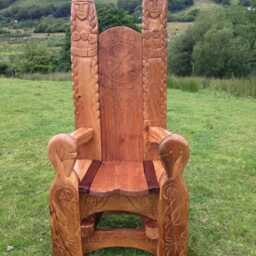 Pair Of Hand-Carved Viking Thrones With Norse Mythology Designs - Unique Rustic Wooden Chairs For Indoors Or Outdoors - thumbnail 2