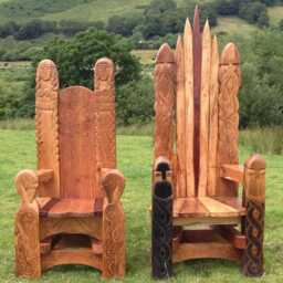 Pair Of Hand-Carved Viking Thrones With Norse Mythology Designs - Unique Rustic Wooden Chairs For Indoors Or Outdoors - thumbnail 1