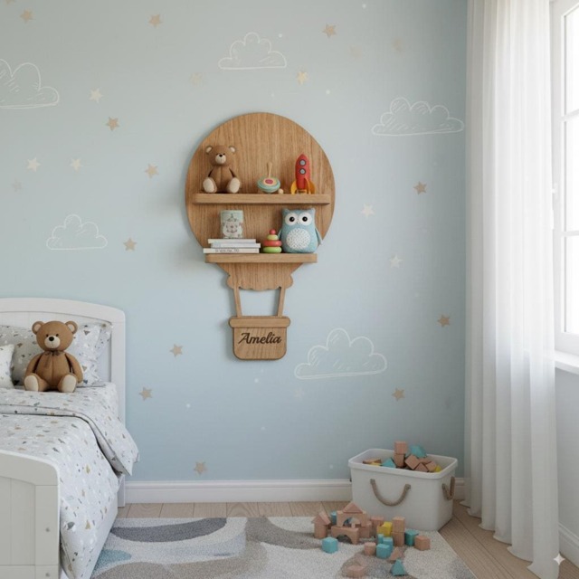 Hot Air Balloon Decorative Floating Shelf With Hooks, Whimsical Wall Decor For Nursery, Eco-Wood Furniture Baby Name, Newborn Gift Idea - image 1
