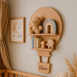 Hot Air Balloon Decorative Floating Shelf With Hooks, Whimsical Wall Decor For Nursery, Eco-Wood Furniture Baby Name, Newborn Gift Idea - thumbnail 2