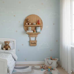 Hot Air Balloon Decorative Floating Shelf With Hooks, Whimsical Wall Decor For Nursery, Eco-Wood Furniture Baby Name, Newborn Gift Idea - thumbnail 1