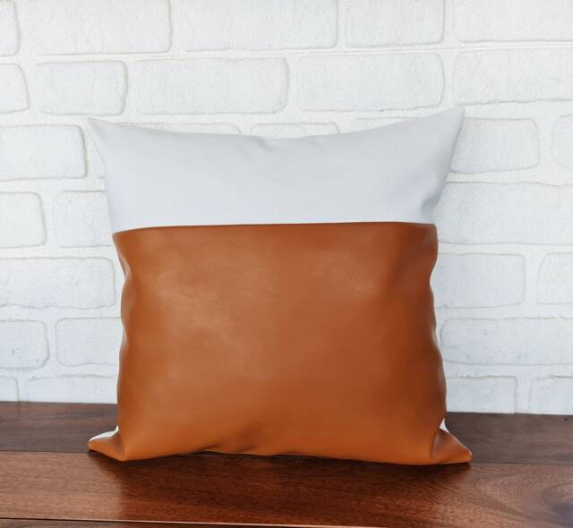 Burnt Orange Faux Leather Pillow Cover White Cotton Back - image 1