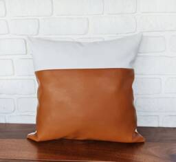 Burnt Orange Faux Leather Pillow Cover White Cotton Back - thumbnail 1