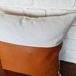 Burnt Orange Faux Leather Pillow Cover White Cotton Back - thumbnail 3