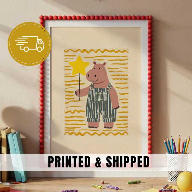 Hippo Nursery Art Star Balloon Kid Print Cute Animal Illustration Toddler Bedroom Decor Whimsical Playroom Wall Soft Pastel Artwork - 51 - image 1