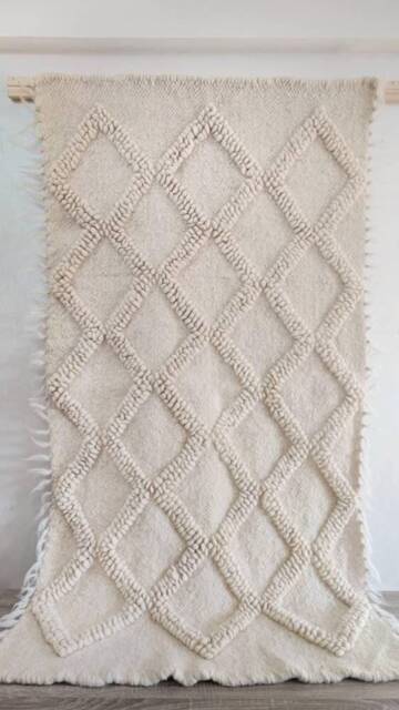 Hand Tufted Wool Rug, Sheep Area Carpet, Geometric Diamond Pattern Scandinavian Boho Decor, Textured Accent Rug 47x75 Inches - image 1