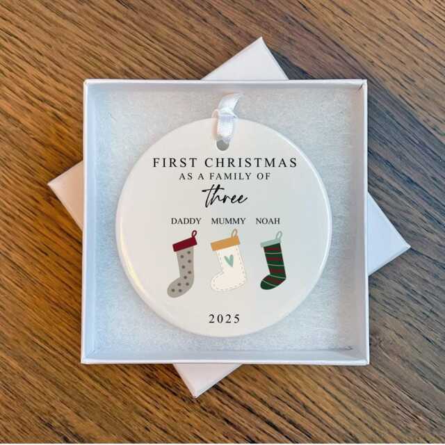 First Christmas As A Family Of Three Bauble - Ceramic Stockings 3 Ornament Decoration Personalised Names Gift - image 1