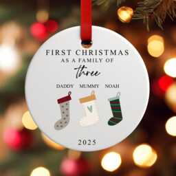 First Christmas As A Family Of Three Bauble - Ceramic Stockings 3 Ornament Decoration Personalised Names Gift - thumbnail 4