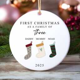 First Christmas As A Family Of Three Bauble - Ceramic Stockings 3 Ornament Decoration Personalised Names Gift - thumbnail 3