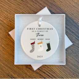 First Christmas As A Family Of Three Bauble - Ceramic Stockings 3 Ornament Decoration Personalised Names Gift