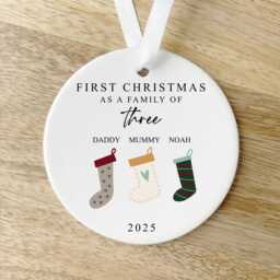 First Christmas As A Family Of Three Bauble - Ceramic Stockings 3 Ornament Decoration Personalised Names Gift - thumbnail 2
