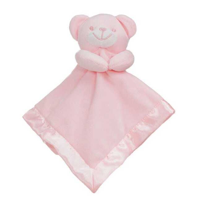 Personalised Embroidered Pink Bear Fleece & Silky Baby Blankie Comforter - image 1