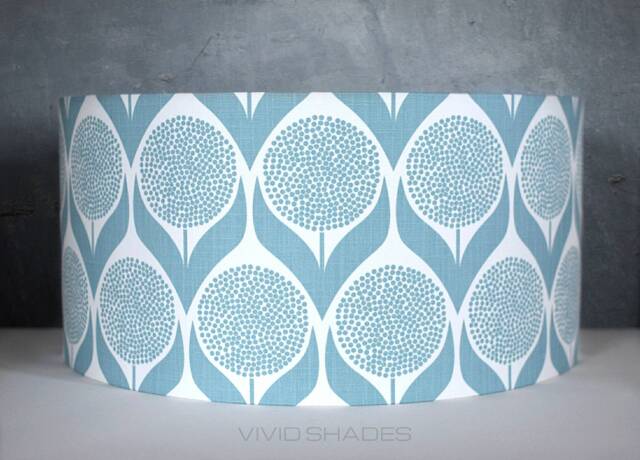 Light Blue & White Scandinavian Fabric Lampshade Handmade By Vivid Shades, Funky Retro Floral Geometric Flower Pattern Drum - image 1
