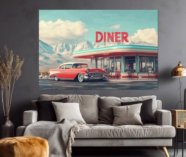 Classic American Retro Car Canvas Print, Vintage Landscape, Wall Art, Diner in Mountains Poster, Poster - image 1