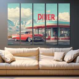 Classic American Retro Car Canvas Print, Vintage Landscape, Wall Art, Diner in Mountains Poster, Poster - thumbnail 3