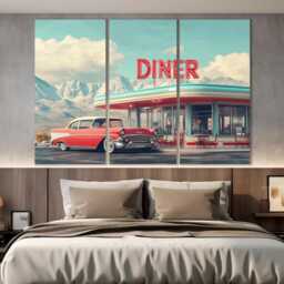 Classic American Retro Car Canvas Print, Vintage Landscape, Wall Art, Diner in Mountains Poster, Poster - thumbnail 2