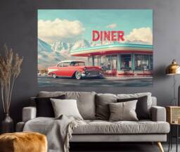 Classic American Retro Car Canvas Print, Vintage Landscape, Wall Art, Diner in Mountains Poster, Poster - thumbnail 1