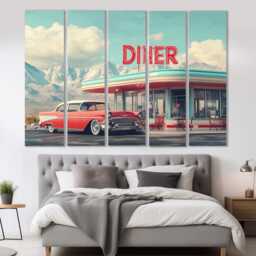 Classic American Retro Car Canvas Print, Vintage Landscape, Wall Art, Diner in Mountains Poster, Poster - thumbnail 4
