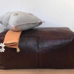 Rectangular Leather Pouf - Handmade Moroccan Rectangular Leather Pouf Ottoman , Black Pouf, Pouffe - thumbnail 3
