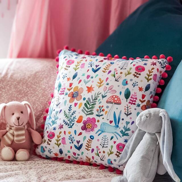 Woodland Animals Cushion, Pink Woodland Nursery Colourful Sofa Cushions, Bedroom Pillow, Kids Room Decor - image 1