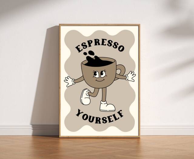 Espresso Yourself Retro Kitchen Print, Cute Character Poster, Funny Trendy Coffee Cafe Art, Modern Art - image 1