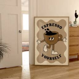 Espresso Yourself Retro Kitchen Print, Cute Character Poster, Funny Trendy Coffee Cafe Art, Modern Art - thumbnail 2