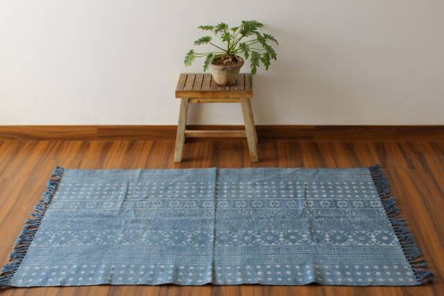 Handwoven Cotton Dhurrie Rug Blue & White Block Print, Indian Rug - 3x5 Ft - image 1