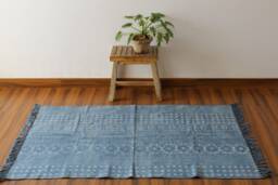 Handwoven Cotton Dhurrie Rug Blue & White Block Print, Indian Rug - 3x5 Ft - thumbnail 1