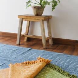Handwoven Cotton Dhurrie Rug Blue & White Block Print, Indian Rug - 3x5 Ft - thumbnail 4