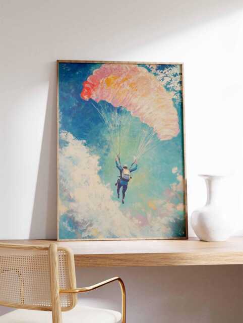 Paragliding Art Print, Adventure Sports Decor, Skydiving Extreme Art, Parachute Painting, Colorful Sky - image 1