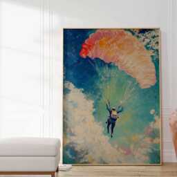 Paragliding Art Print, Adventure Sports Decor, Skydiving Extreme Art, Parachute Painting, Colorful Sky - thumbnail 2